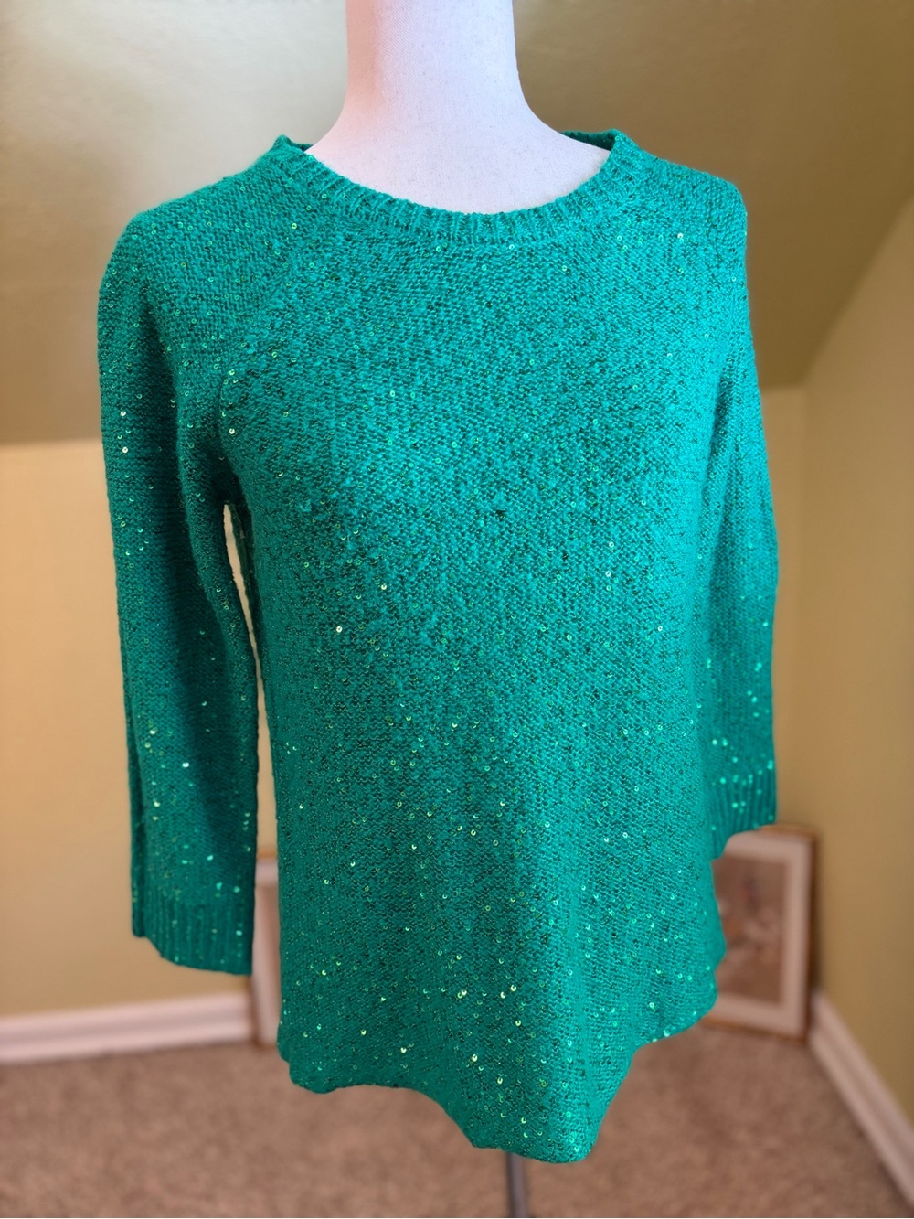 Anne Klein Green Sequin Sweater Holiday Party Festive Size Medium